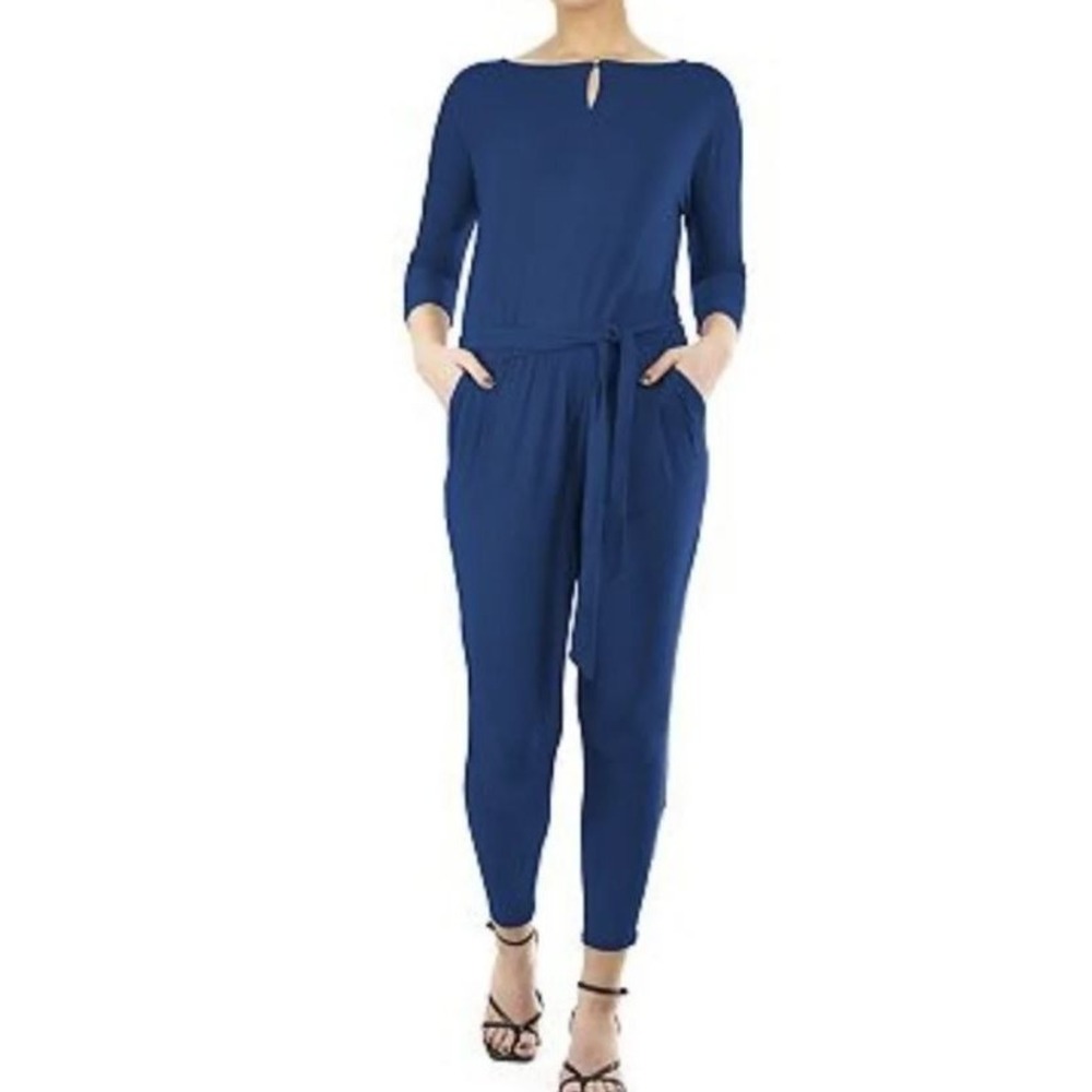 Nina Leonard Women's 3/4 Sleeve Solid Ankle Belted Pocket Jumpsuit in Blue Large